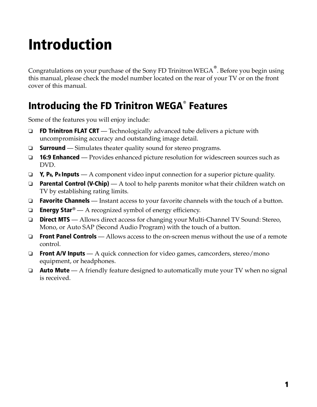 Sony KV-20FS120, KV-24FS120 manual Introduction, Introducing the FD Trinitron Wega Features 