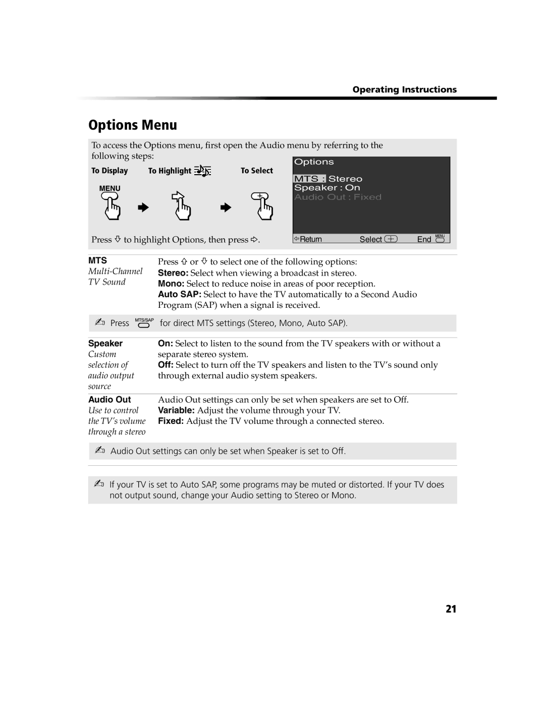 Sony KV-20FV300, KV-24FV300 manual Options Menu, Speaker, Audio Out 