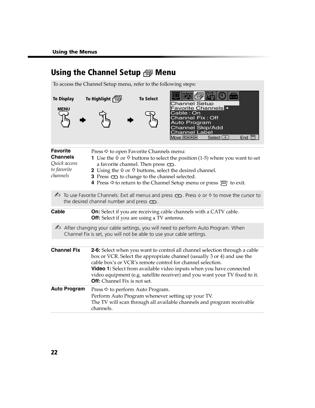 Sony KV-20FV300, KV-24FV300 manual Using the Channel Setup Menu, Favorite, Cable, Channel Fix, Auto Program 