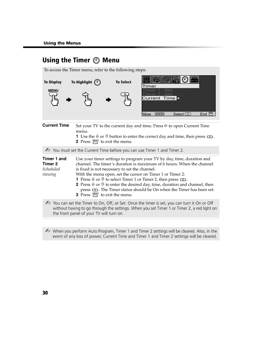 Sony KV-20FV300, KV-24FV300 manual Using the Timer Menu, Timer 1 