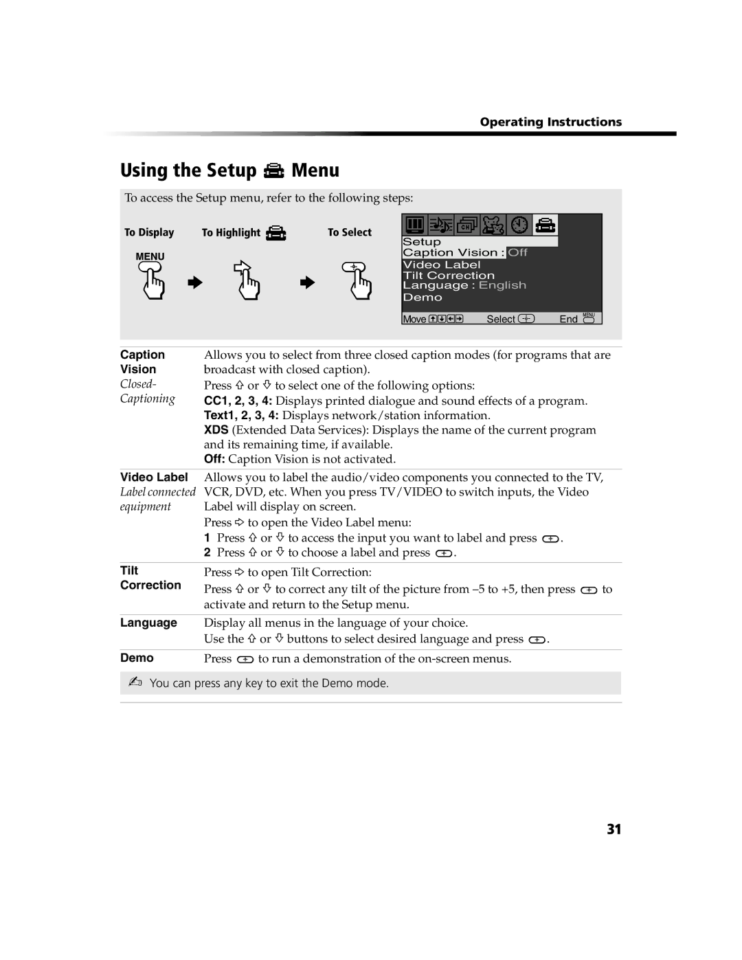 Sony KV-20FV300, KV-24FV300 manual Using the Setup Menu 