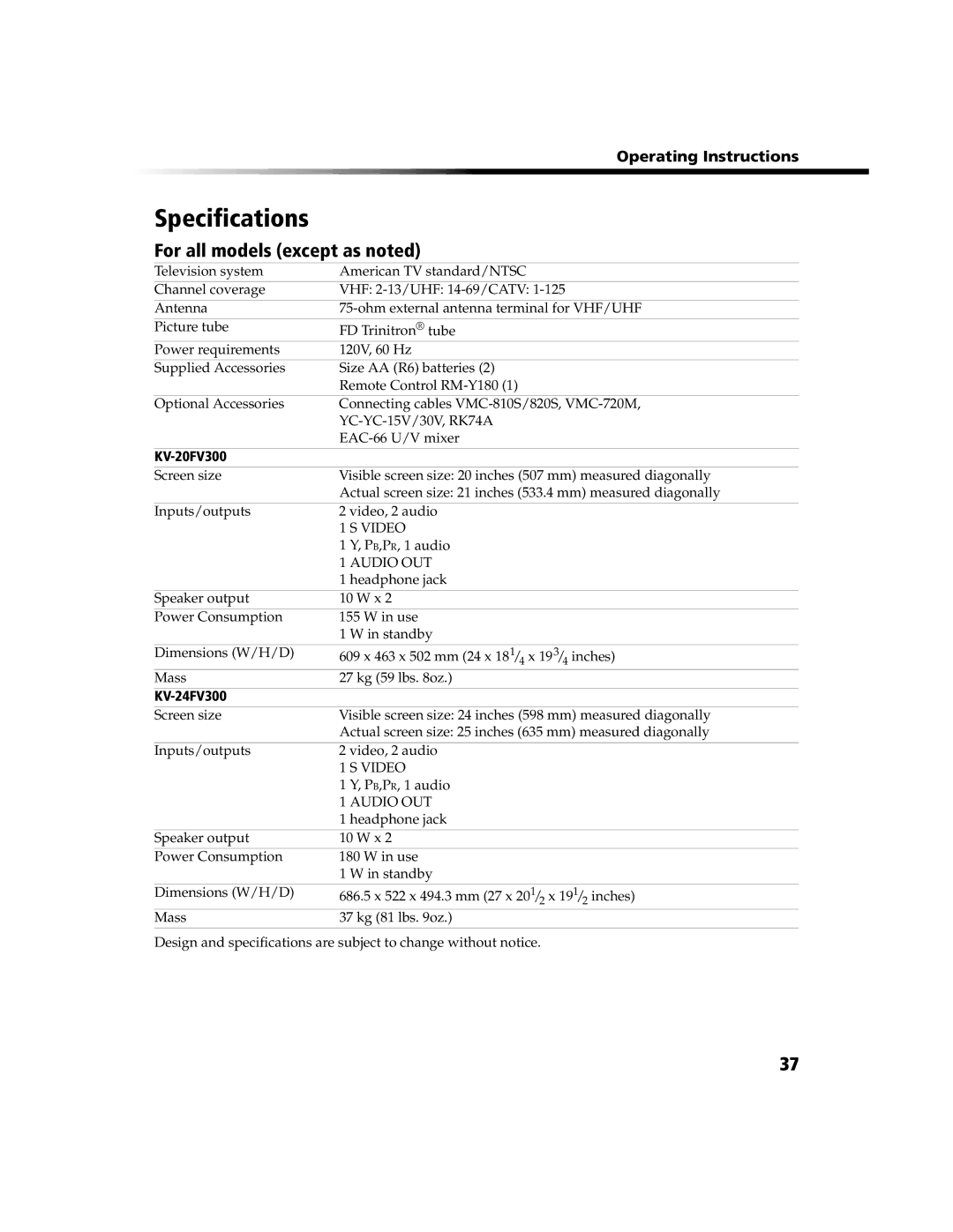 Sony KV-20FV300, KV-24FV300 manual Specifications, For all models except as noted 