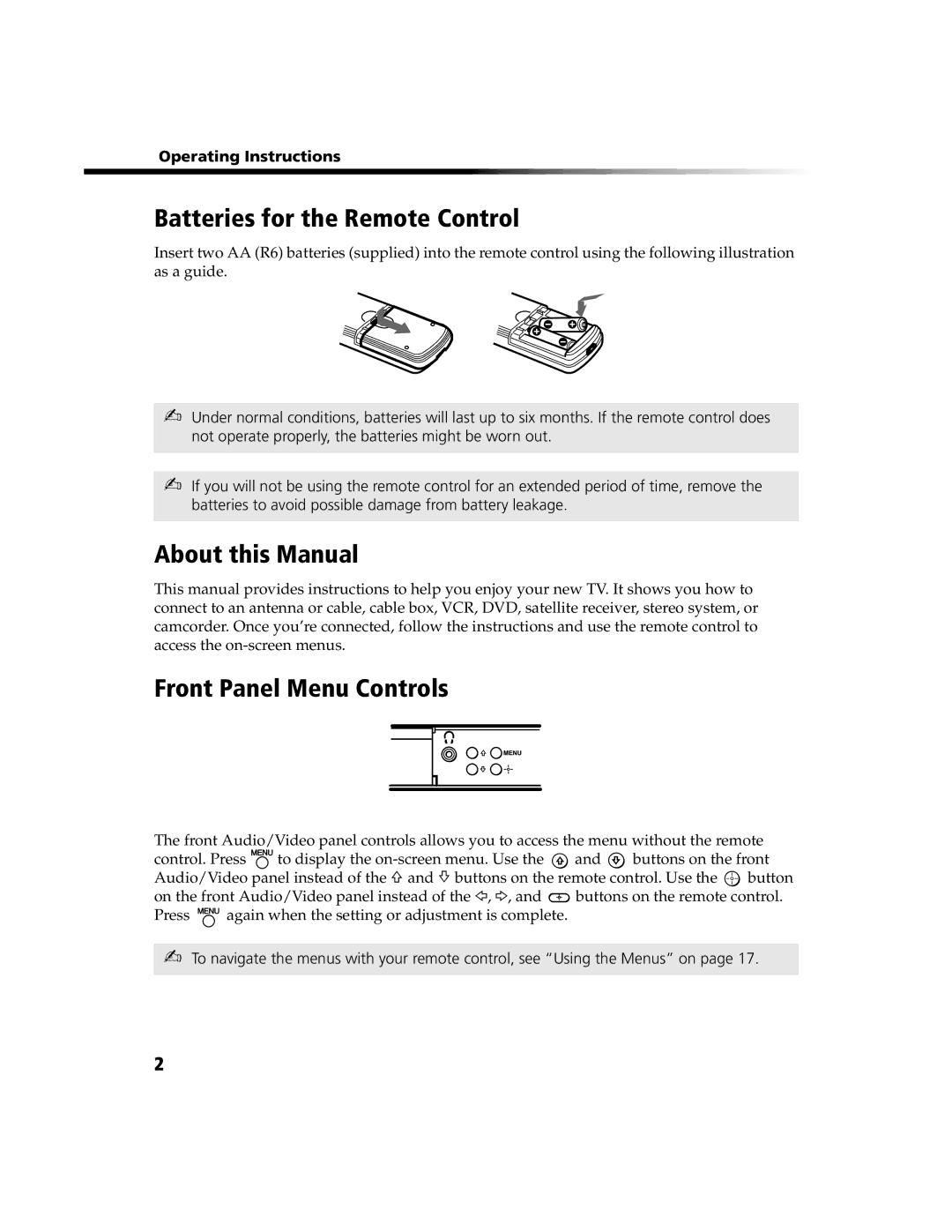 Sony KV-20FV300, KV-24FV300 manual Batteries for the Remote Control, About this Manual, Front Panel Menu Controls 