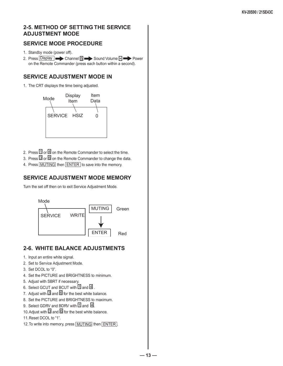 Sony KV-20S90, KV-21SE43C service manual Service Adjustment Mode Memory, White Balance Adjustments 