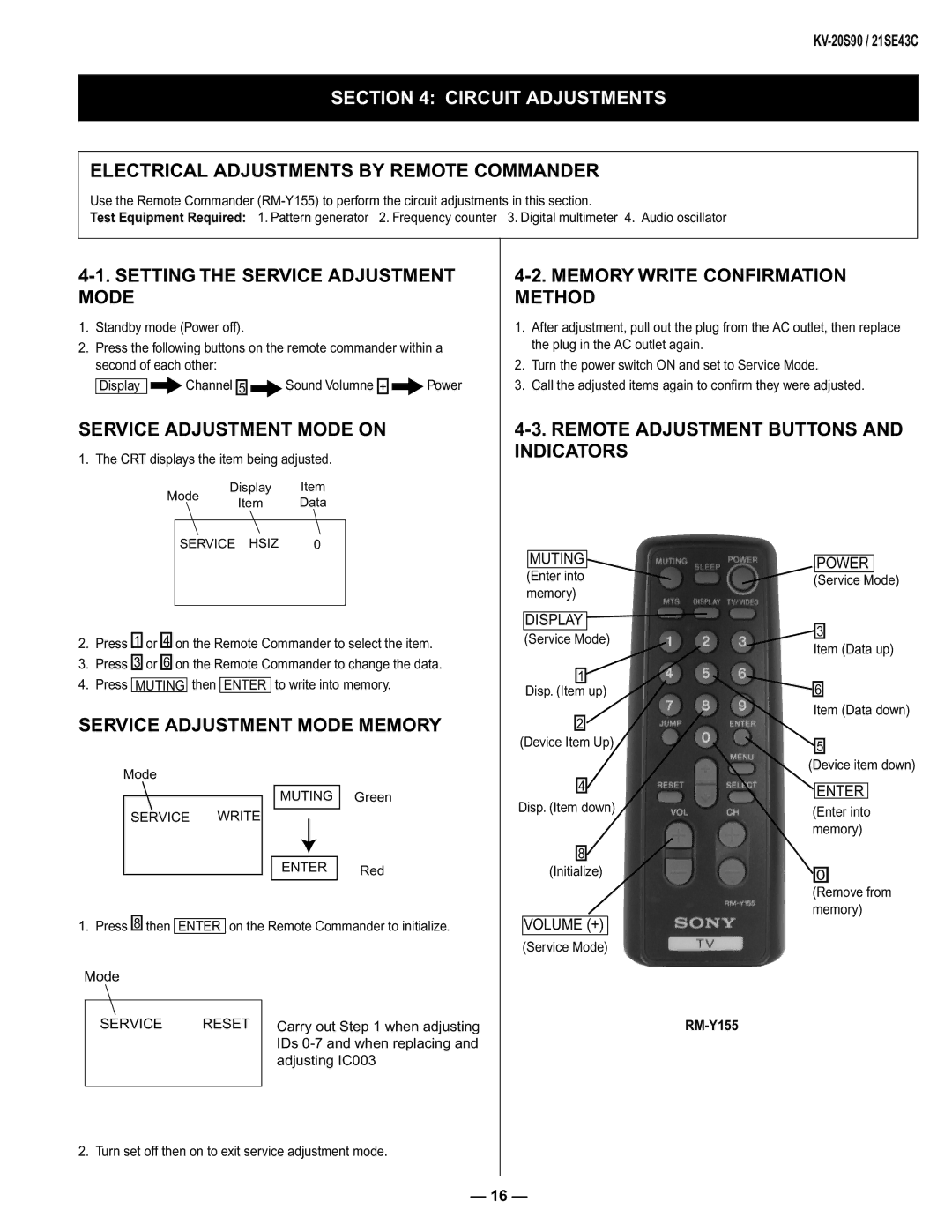 Sony KV-21SE43C, KV-20S90 service manual Circuit Adjustments 