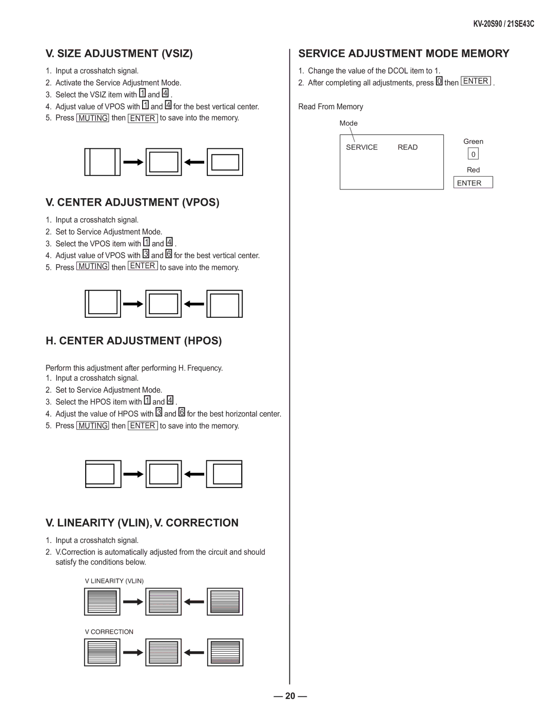 Sony KV-21SE43C Size Adjustment Vsiz, Center Adjustment Vpos, Center Adjustment Hpos, Linearity VLIN, V. Correction 