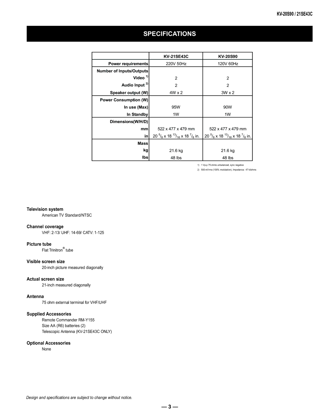 Sony KV-20S90, KV-21SE43C service manual Specifications, Lbs 