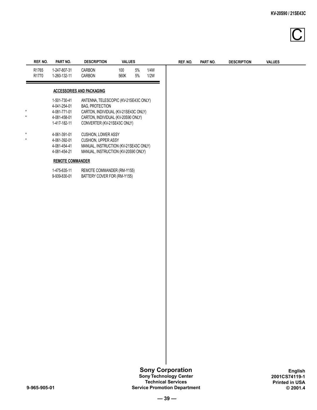 Sony KV-20S90, KV-21SE43C service manual Accessories and Packaging, Remote Commander 