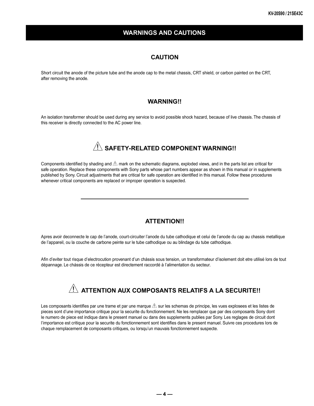 Sony KV-21SE43C, KV-20S90 service manual SAFETY-RELATED Component Warning 