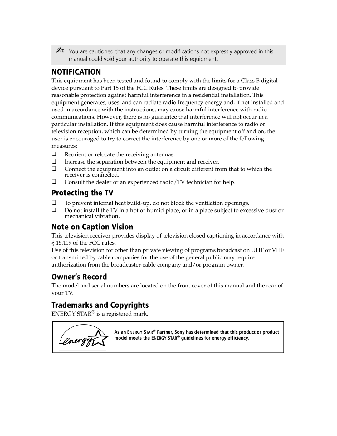 Sony KV-20S90, KV-21SE43C service manual Notification 