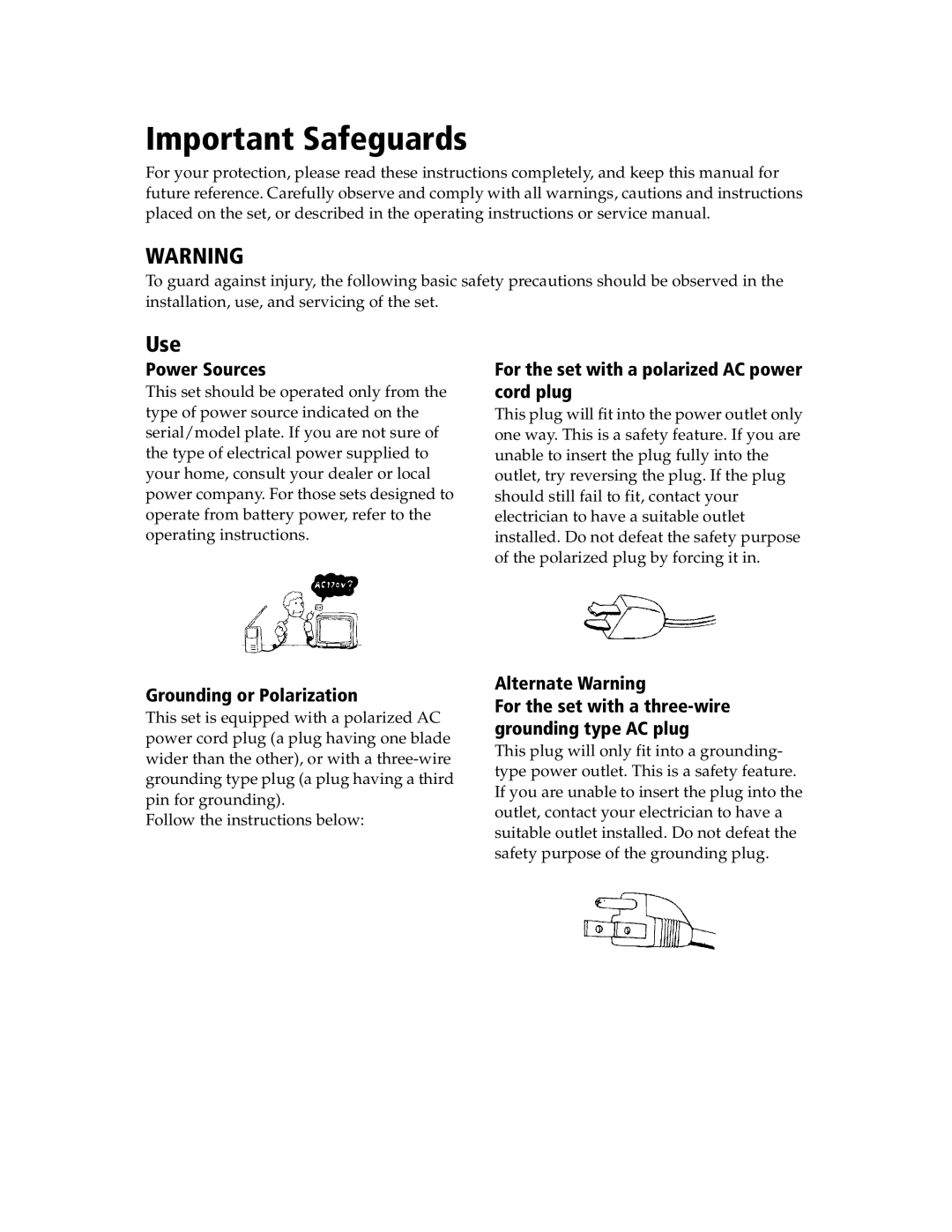 Sony KV-21SE43C Important Safeguards, Power Sources, For the set with a polarized AC power cord plug, Alternate Warning 