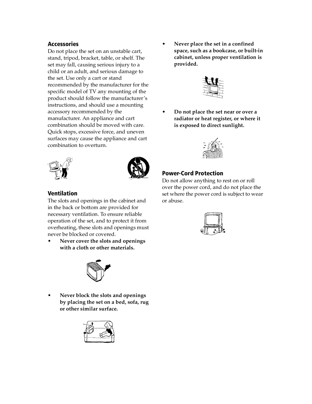 Sony KV-21SE43C, KV-20S90 service manual Accessories, Ventilation, Power-Cord Protection 