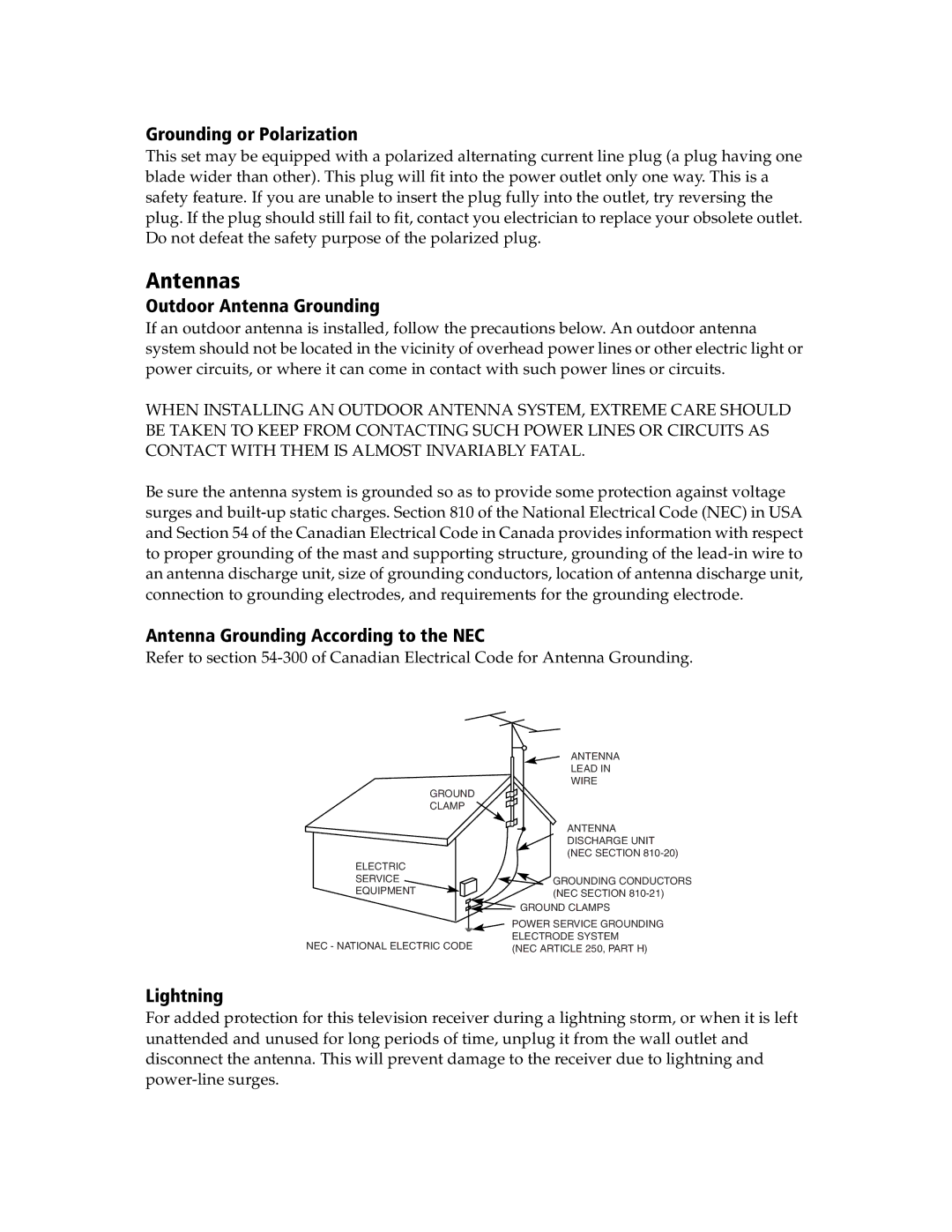 Sony KV-20S90, KV-21SE43C service manual Outdoor Antenna Grounding, Antenna Grounding According to the NEC, Lightning 