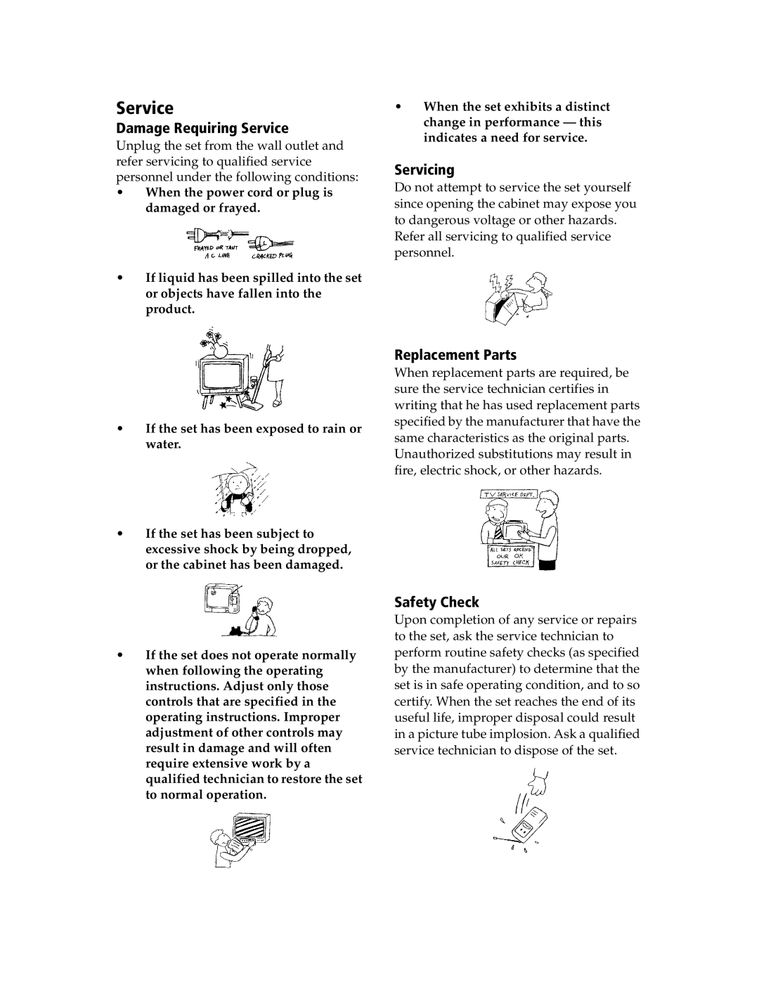 Sony KV-21SE43C, KV-20S90 service manual Damage Requiring Service, Servicing, Replacement Parts, Safety Check 