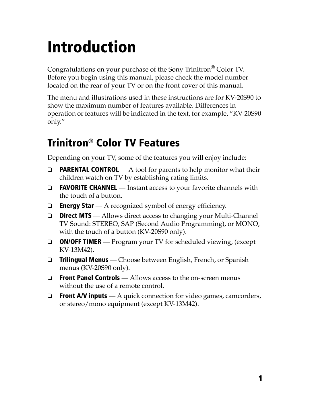 Sony KV-21SE43C, KV-20S90 service manual Introduction, Trinitron Color TV Features 