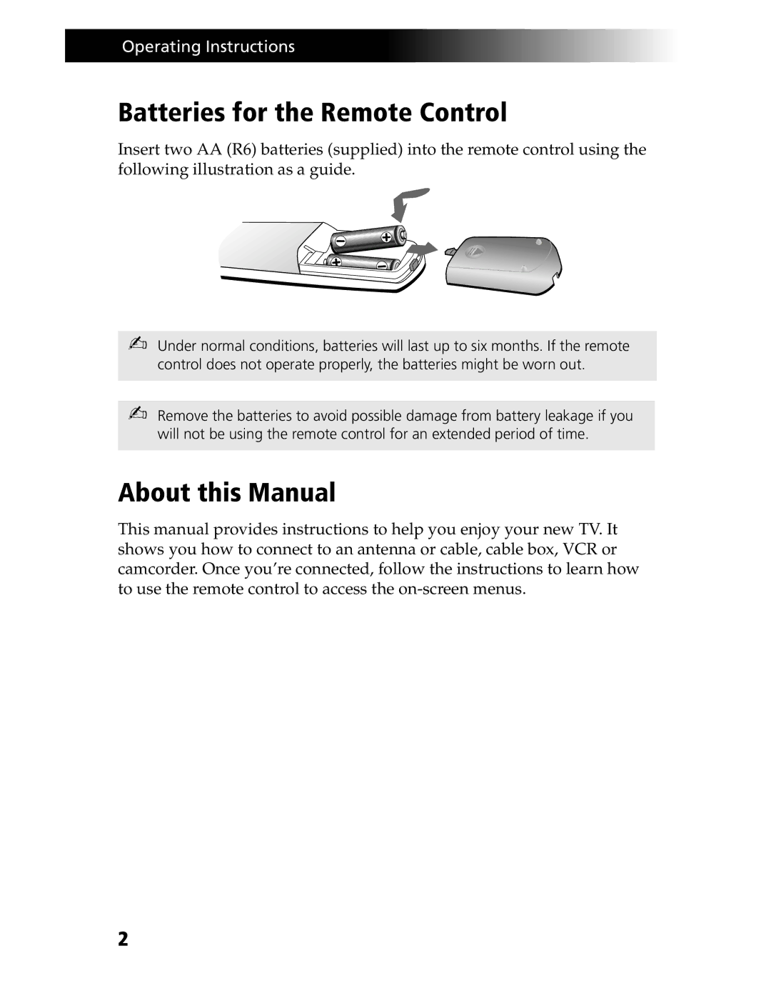 Sony KV-20S90, KV-21SE43C service manual Batteries for the Remote Control, About this Manual 