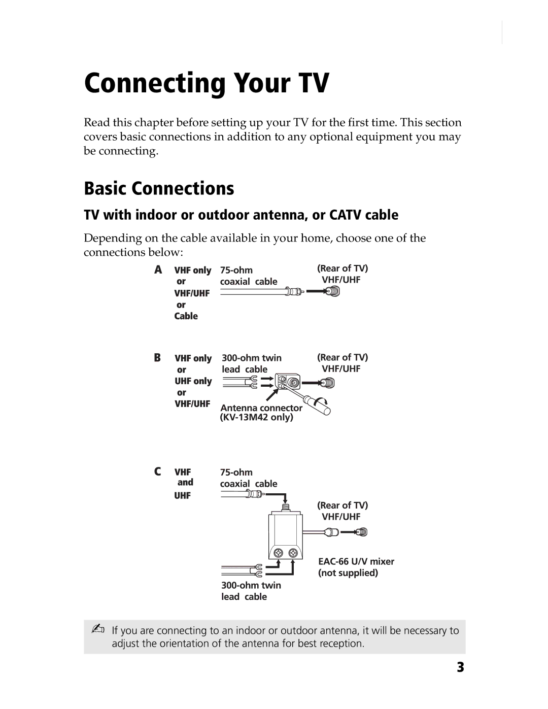 Sony KV-21SE43C, KV-20S90 service manual Basic Connections, TV with indoor or outdoor antenna, or Catv cable 