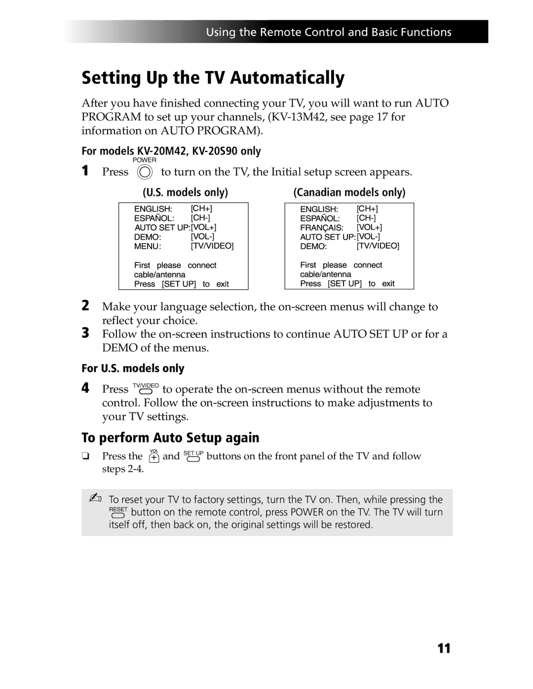 Sony KV-21SE43C, KV-20S90 service manual Setting Up the TV Automatically, To perform Auto Setup again 