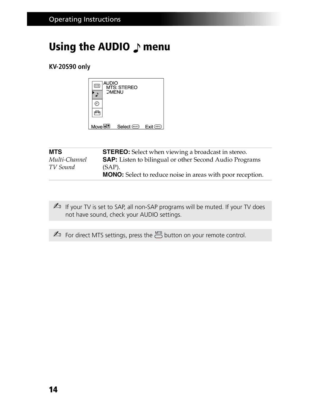 Sony KV-21SE43C service manual Using the Audio menu, KV-20S90 only 