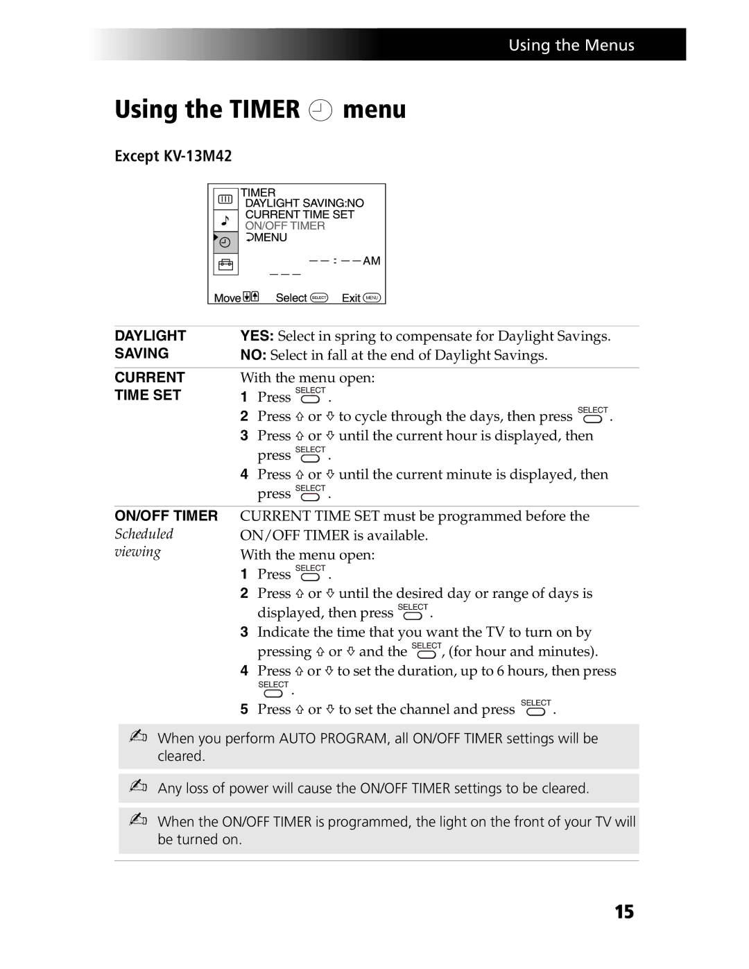 Sony KV-21SE43C, KV-20S90 service manual Using the Timer menu, ON/OFF Timer Scheduled viewing 