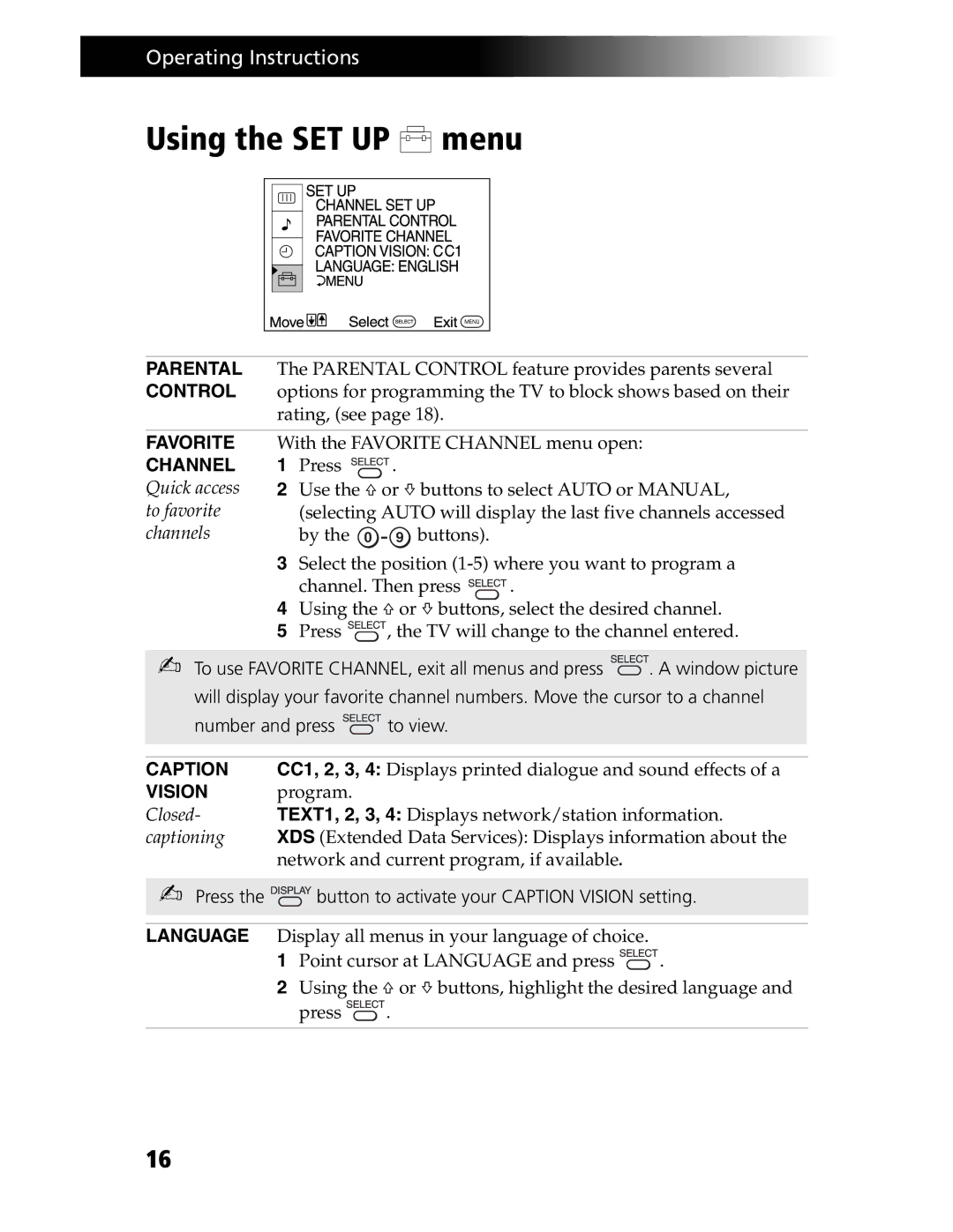 Sony KV-20S90, KV-21SE43C service manual Using the SET UP menu, Favorite Channel Quick access to favorite channels 