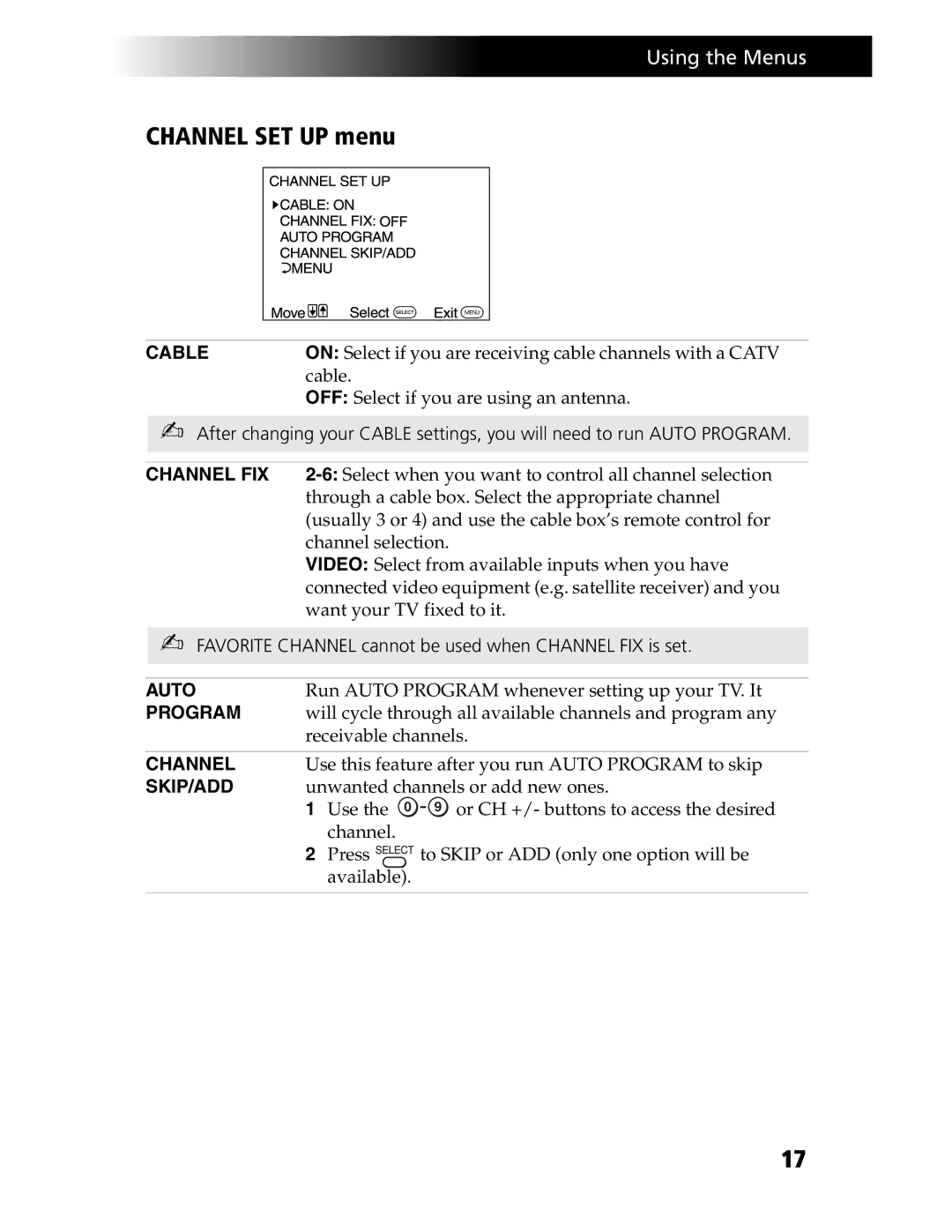 Sony KV-21SE43C, KV-20S90 service manual Channel SET UP menu, Cable 