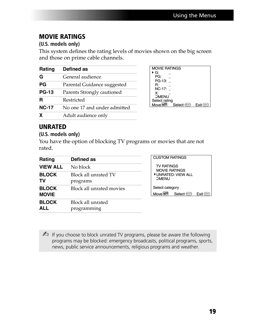 Sony KV-21SE43C, KV-20S90 service manual Rating Defined as, PG-13, NC-17 