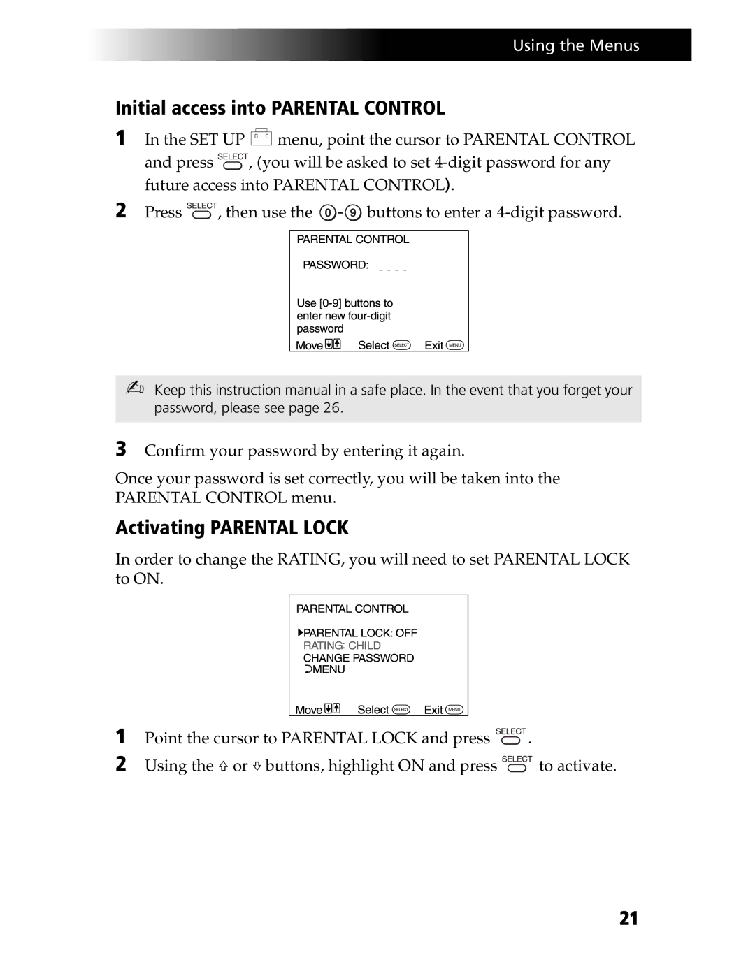 Sony KV-21SE43C, KV-20S90 service manual Initial access into Parental Control, Activating Parental Lock 