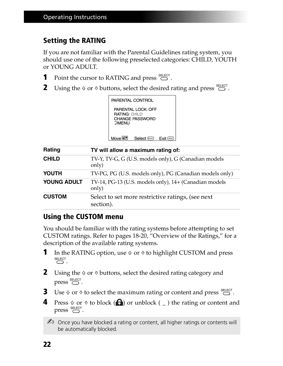 Sony KV-20S90, KV-21SE43C service manual Setting the Rating, Using the Custom menu, Rating TV will allow a maximum rating 