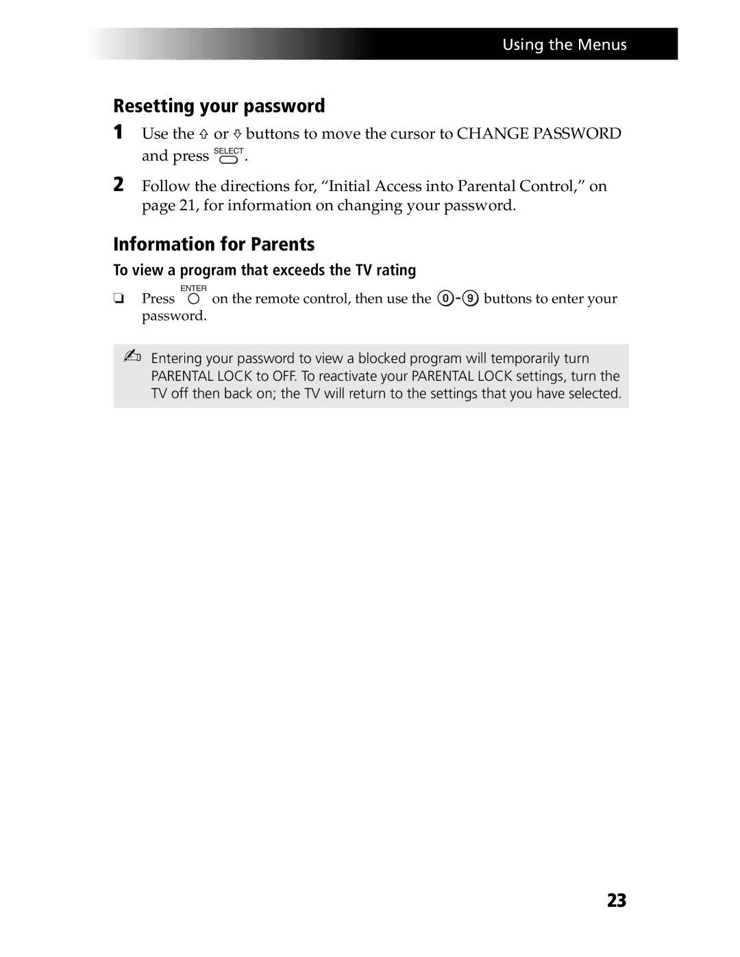 Sony KV-21SE43C, KV-20S90 service manual Resetting your password, Information for Parents 