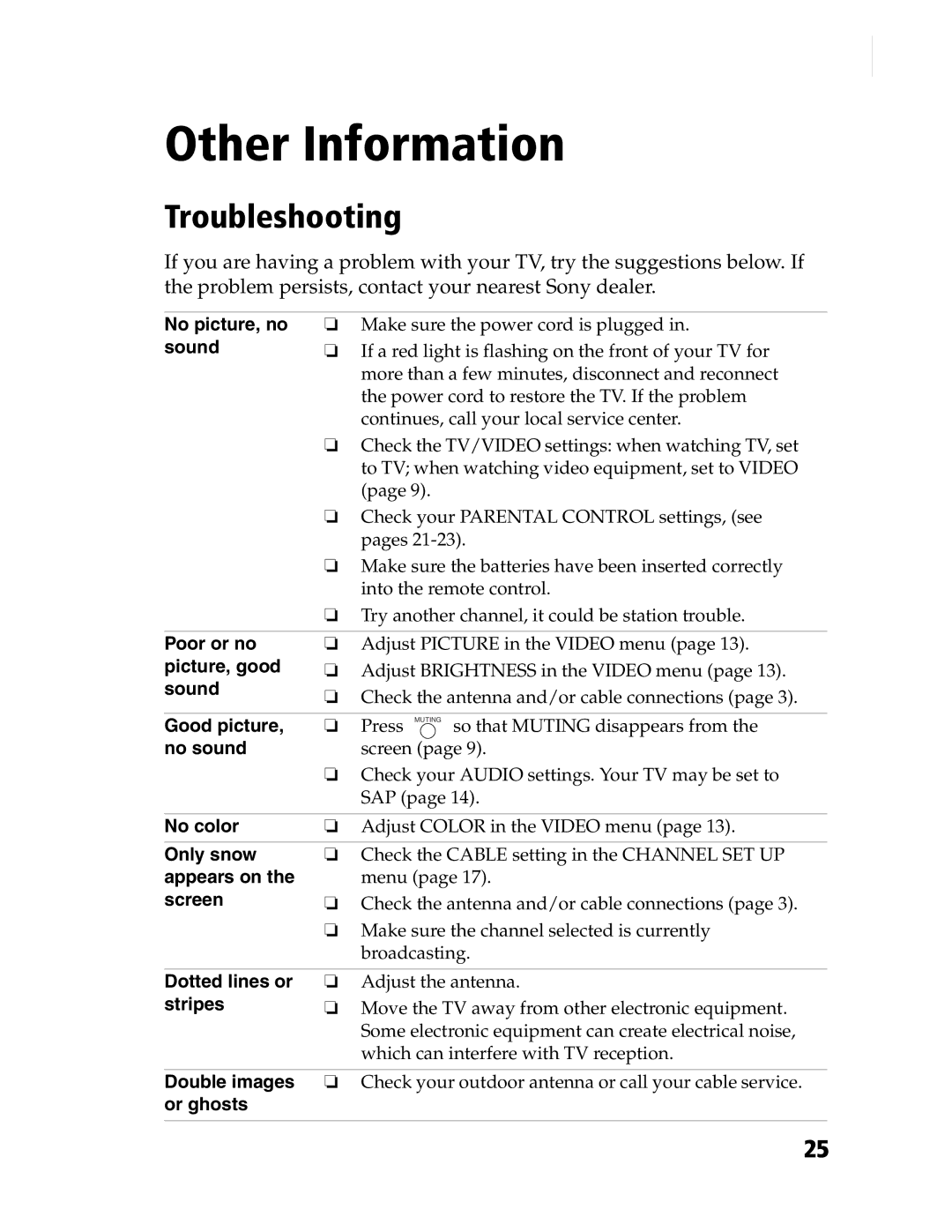 Sony KV-21SE43C, KV-20S90 service manual Troubleshooting 