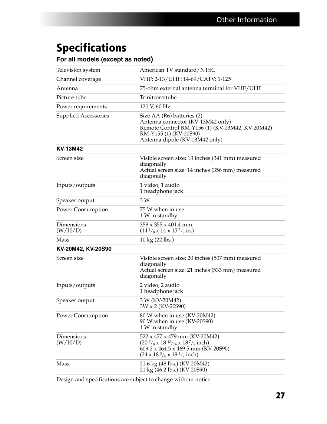 Sony KV-21SE43C, KV-20S90 service manual Specifications, For all models except as noted 