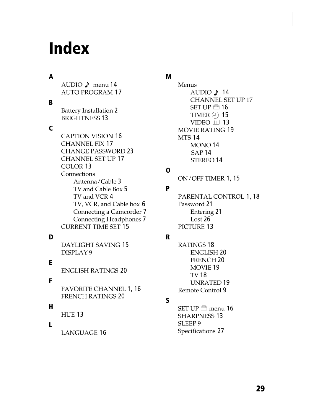 Sony KV-21SE43C, KV-20S90 service manual Index 