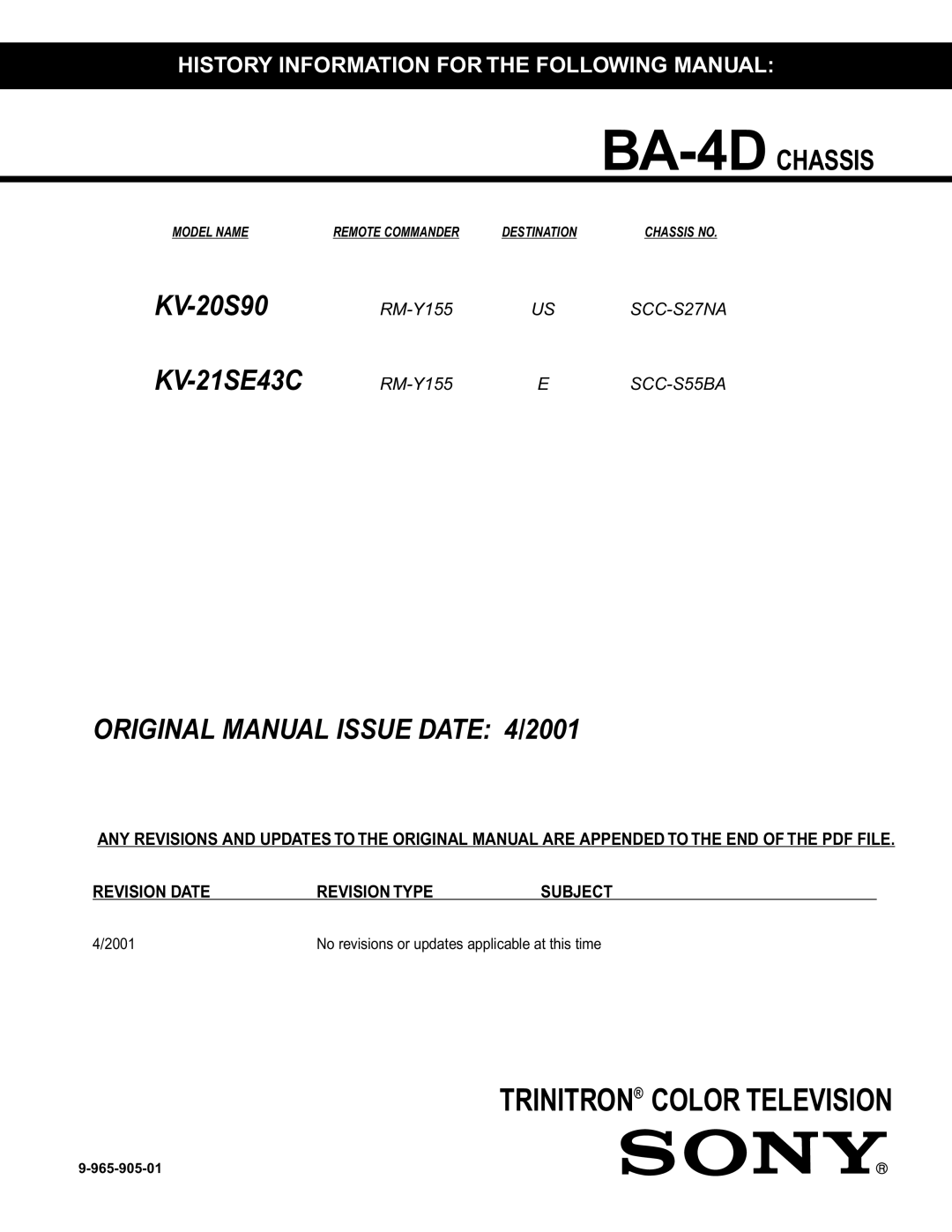 Sony KV-21SE43C, KV-20S90 service manual Original Manual Issue Date 4/2001 