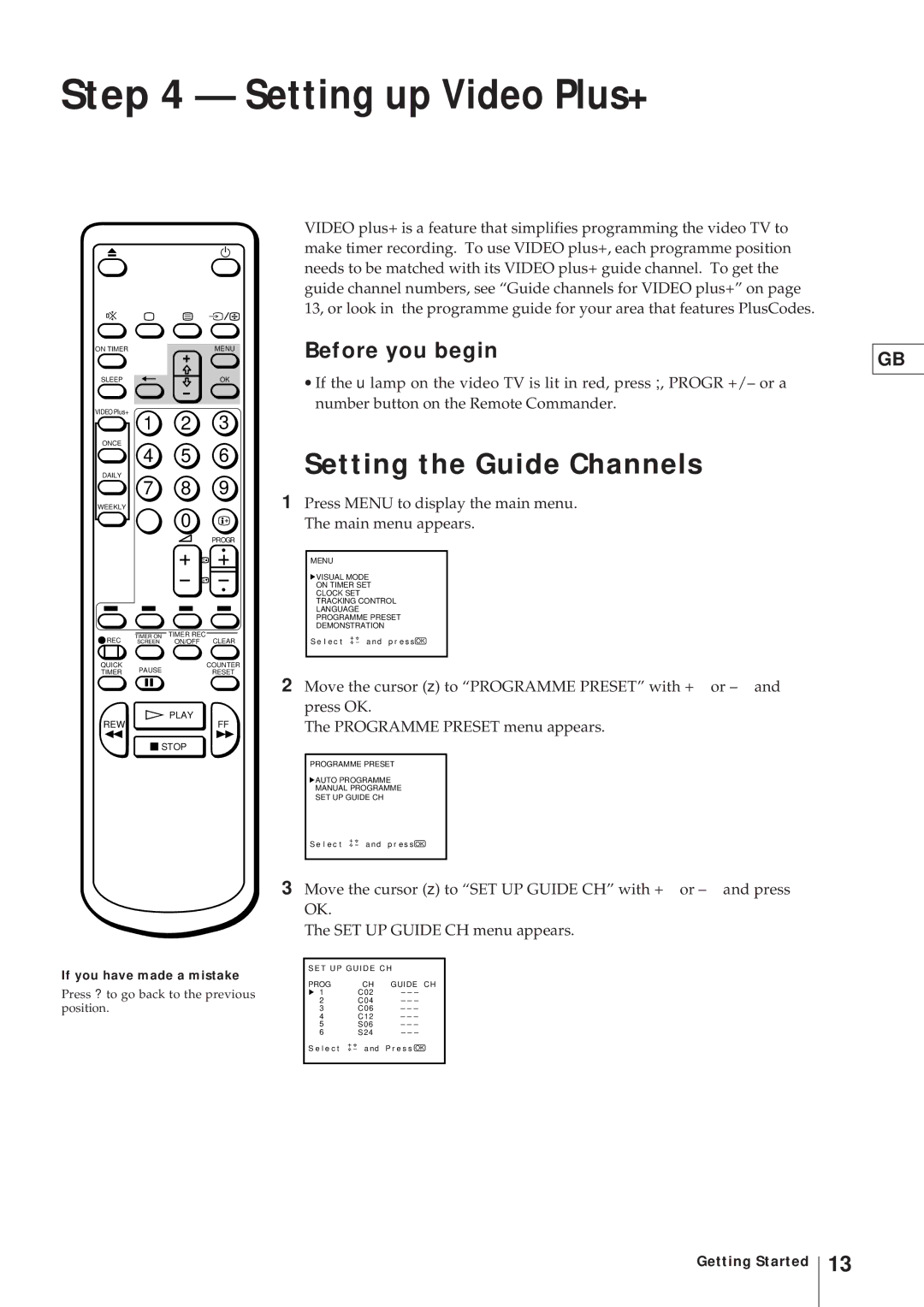 Sony KV-21V4U operating instructions Setting up Video Plus+, Setting the Guide Channels 