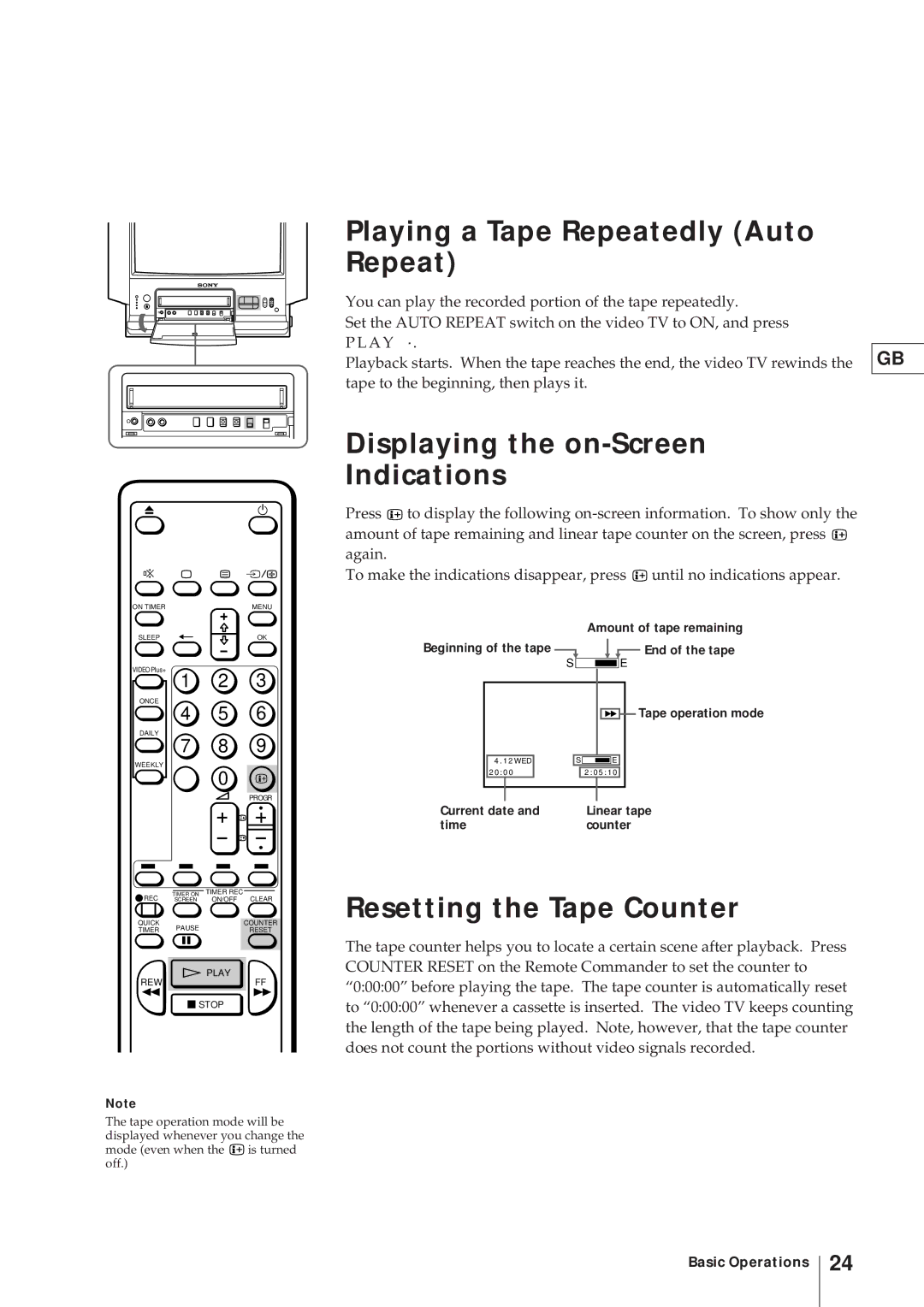 Sony KV-21V4U Playing a Tape Repeatedly Auto Repeat, Displaying the on-Screen Indications, Resetting the Tape Counter 