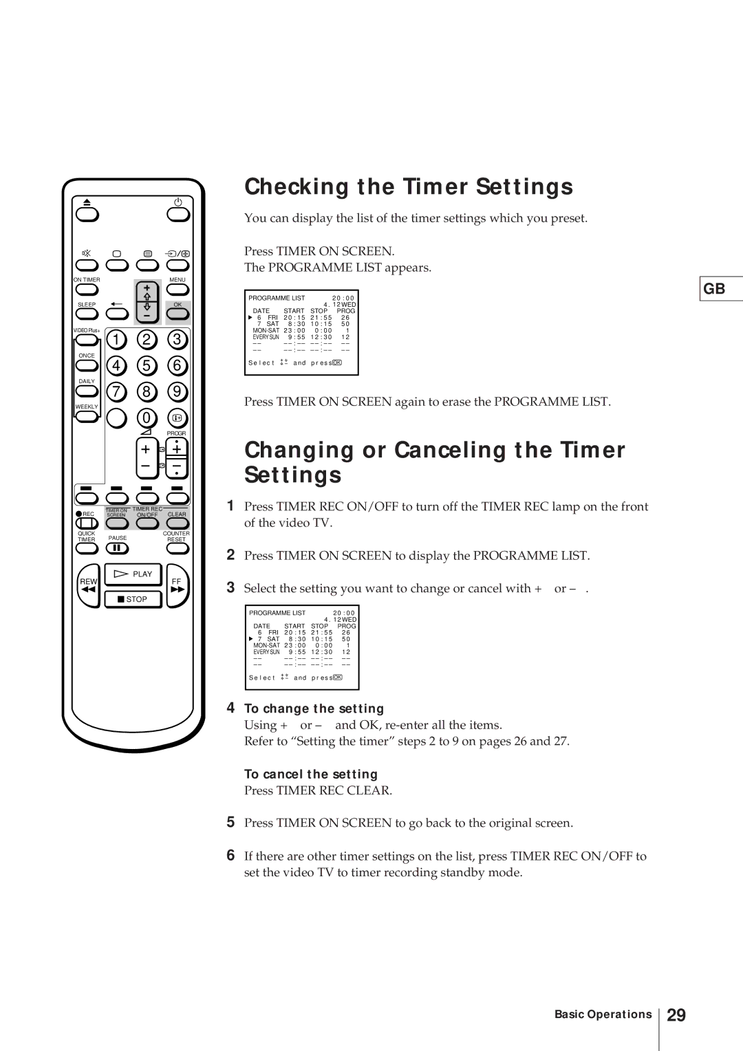 Sony KV-21V4U Checking the Timer Settings, Changing or Canceling the Timer Settings, To change the setting 