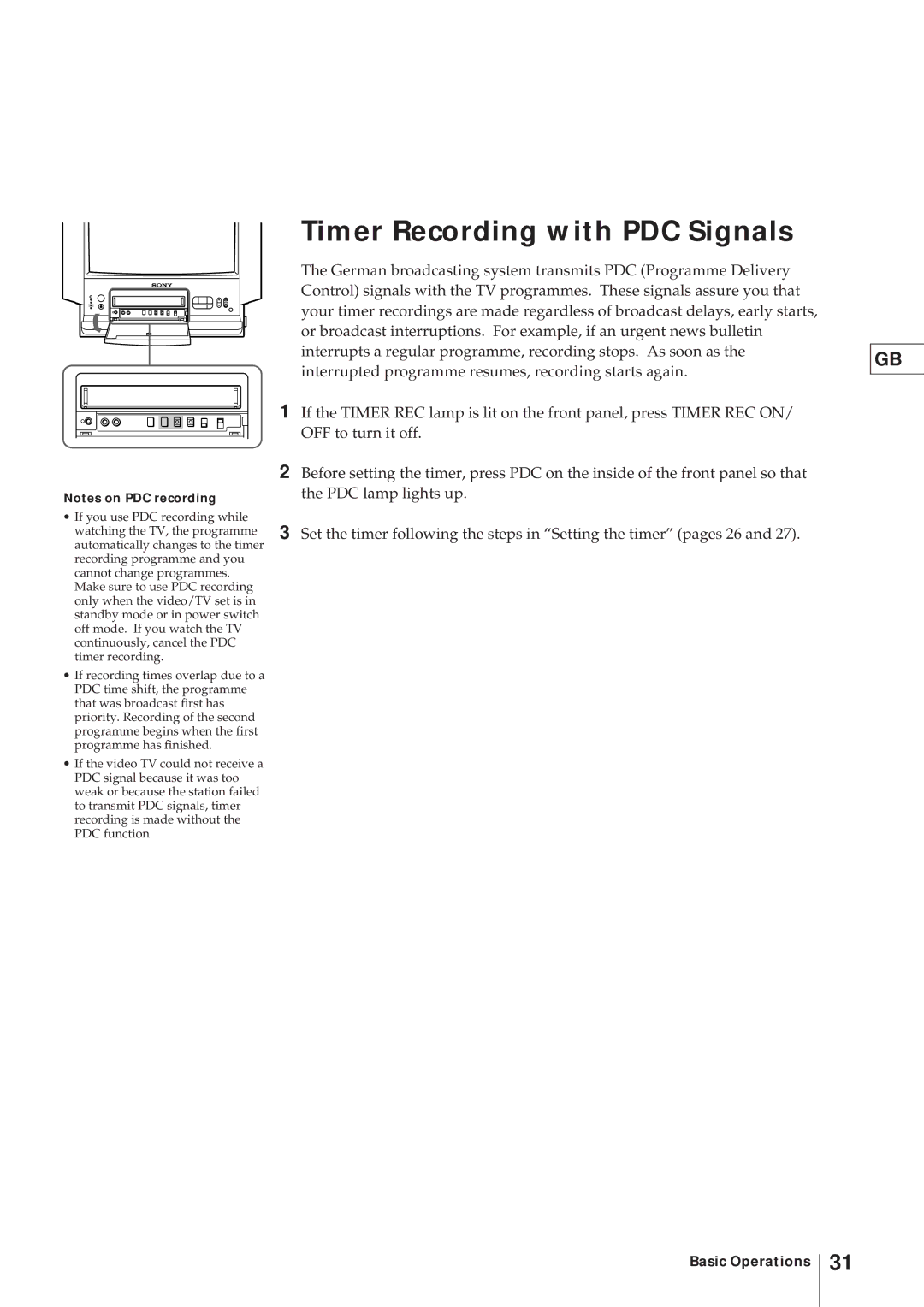 Sony KV-21V4U operating instructions Timer Recording with PDC Signals 