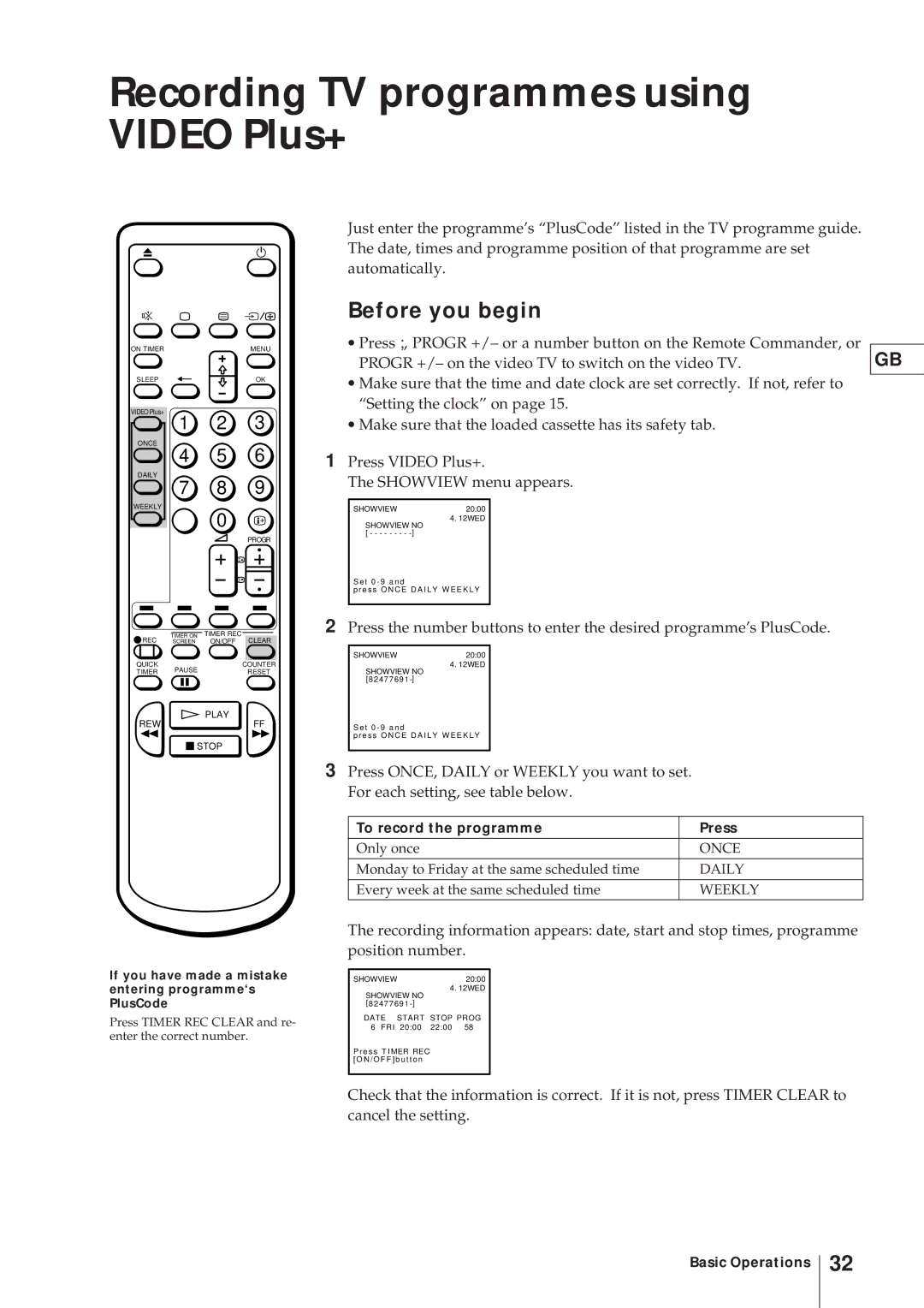 Sony KV-21V4U operating instructions Recording TV programmes using Video Plus+, To record the programme Press 