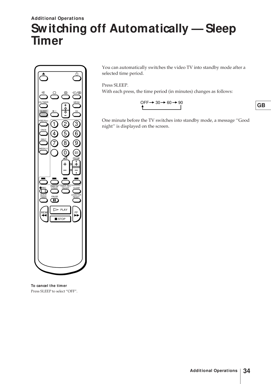 Sony KV-21V4U operating instructions Switching off Automatically Sleep Timer, Additional Operations 