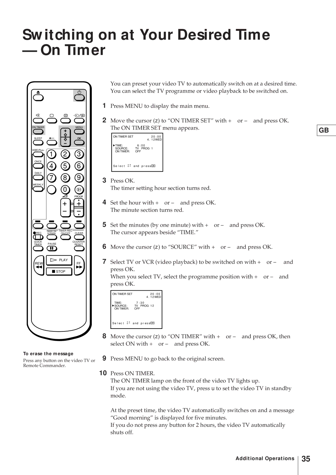 Sony KV-21V4U operating instructions Switching on at Your Desired Time On Timer 