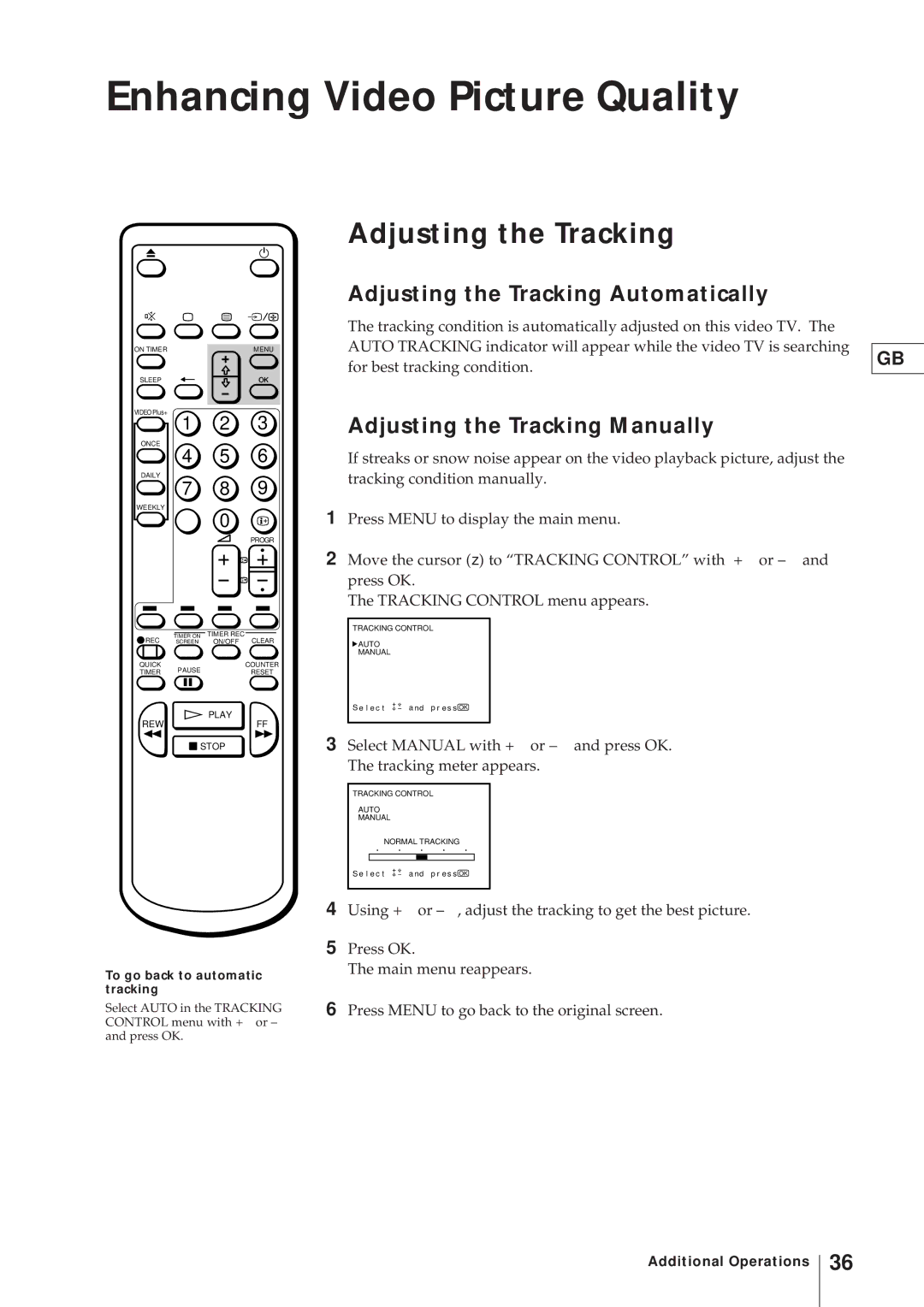 Sony KV-21V4U Enhancing Video Picture Quality, Adjusting the Tracking Automatically, Adjusting the Tracking Manually 