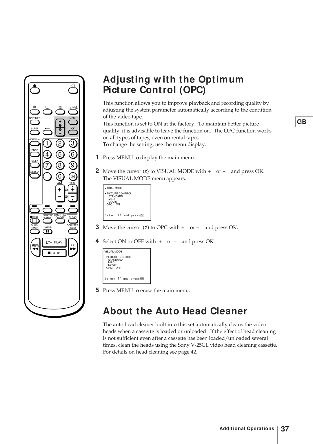 Sony KV-21V4U operating instructions Adjusting with the Optimum Picture Control OPC, About the Auto Head Cleaner 