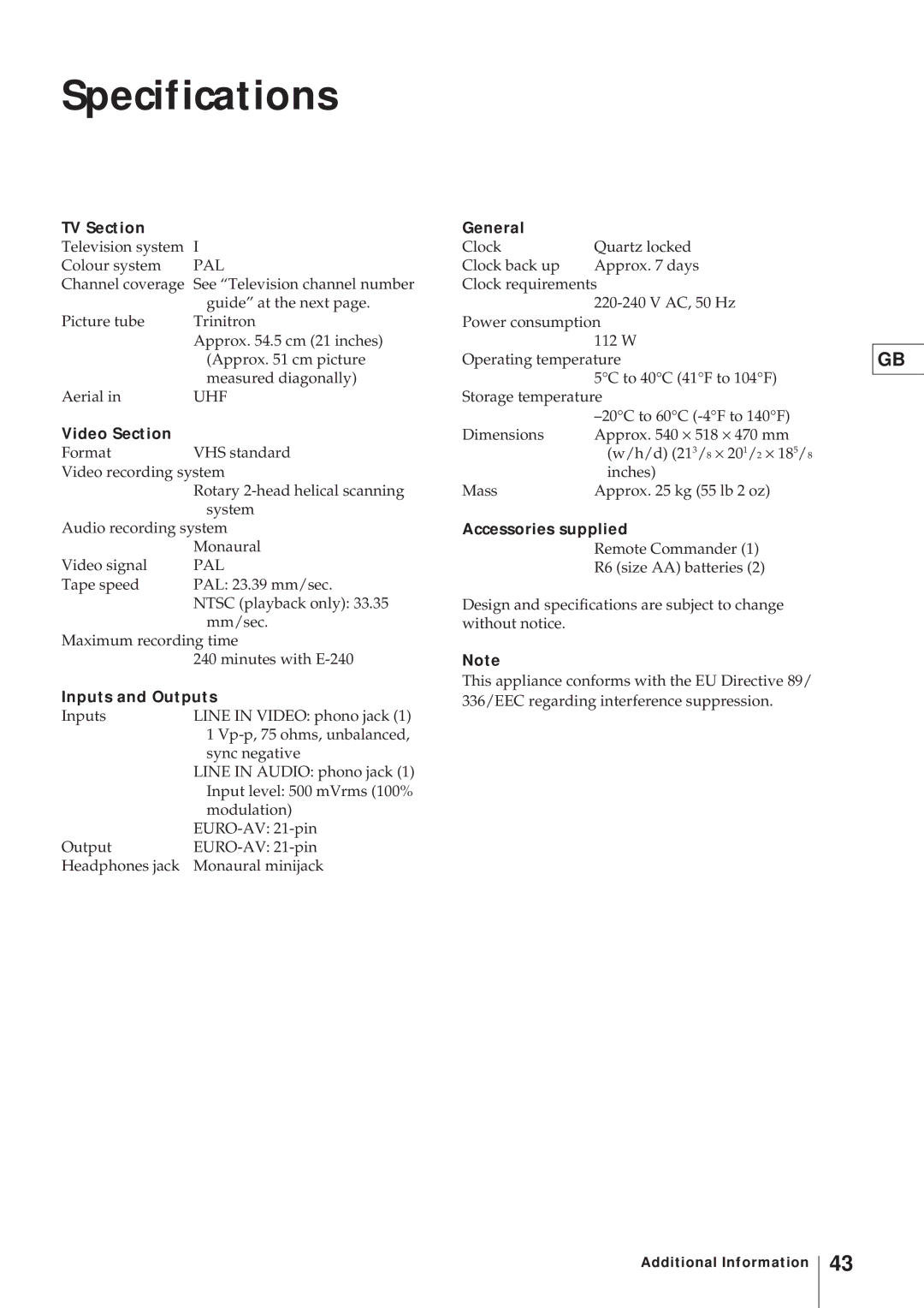 Sony KV-21V4U operating instructions Specifications 