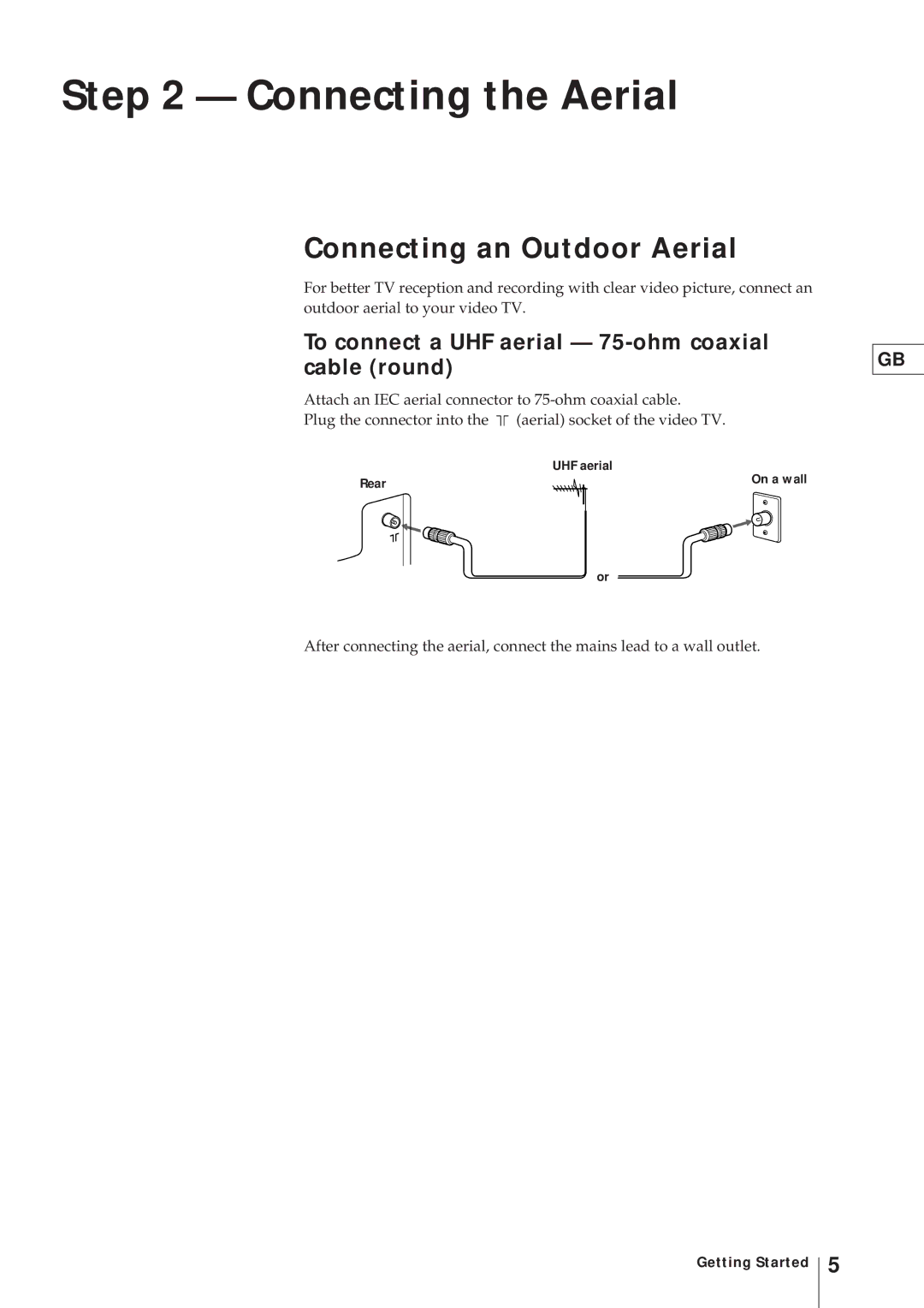 Sony KV-21V4U Connecting the Aerial, Connecting an Outdoor Aerial, To connect a UHF aerial 75-ohm coaxial cable round 