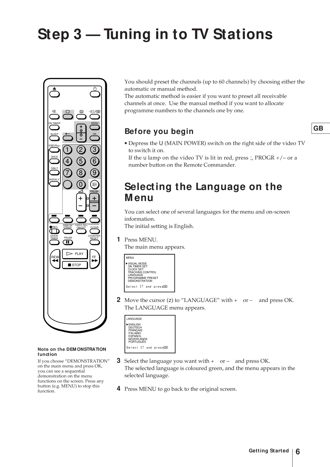 Sony KV-21V4U operating instructions Tuning in to TV Stations, Selecting the Language on the Menu, Before you begin 