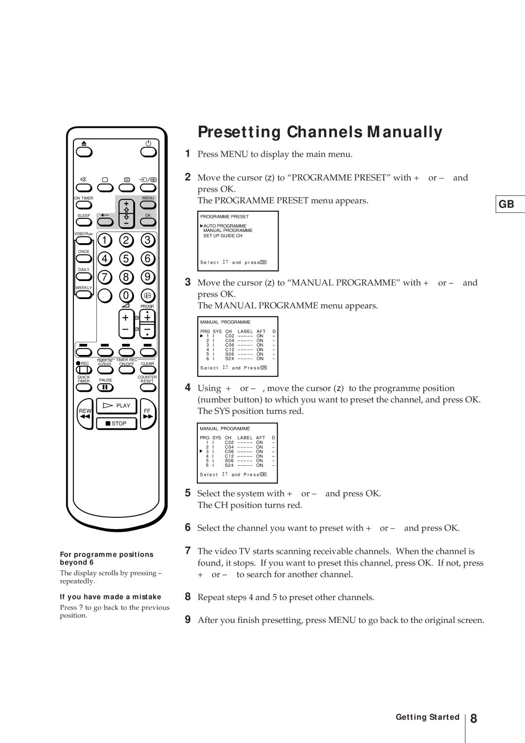 Sony KV-21V4U operating instructions Presetting Channels Manually 