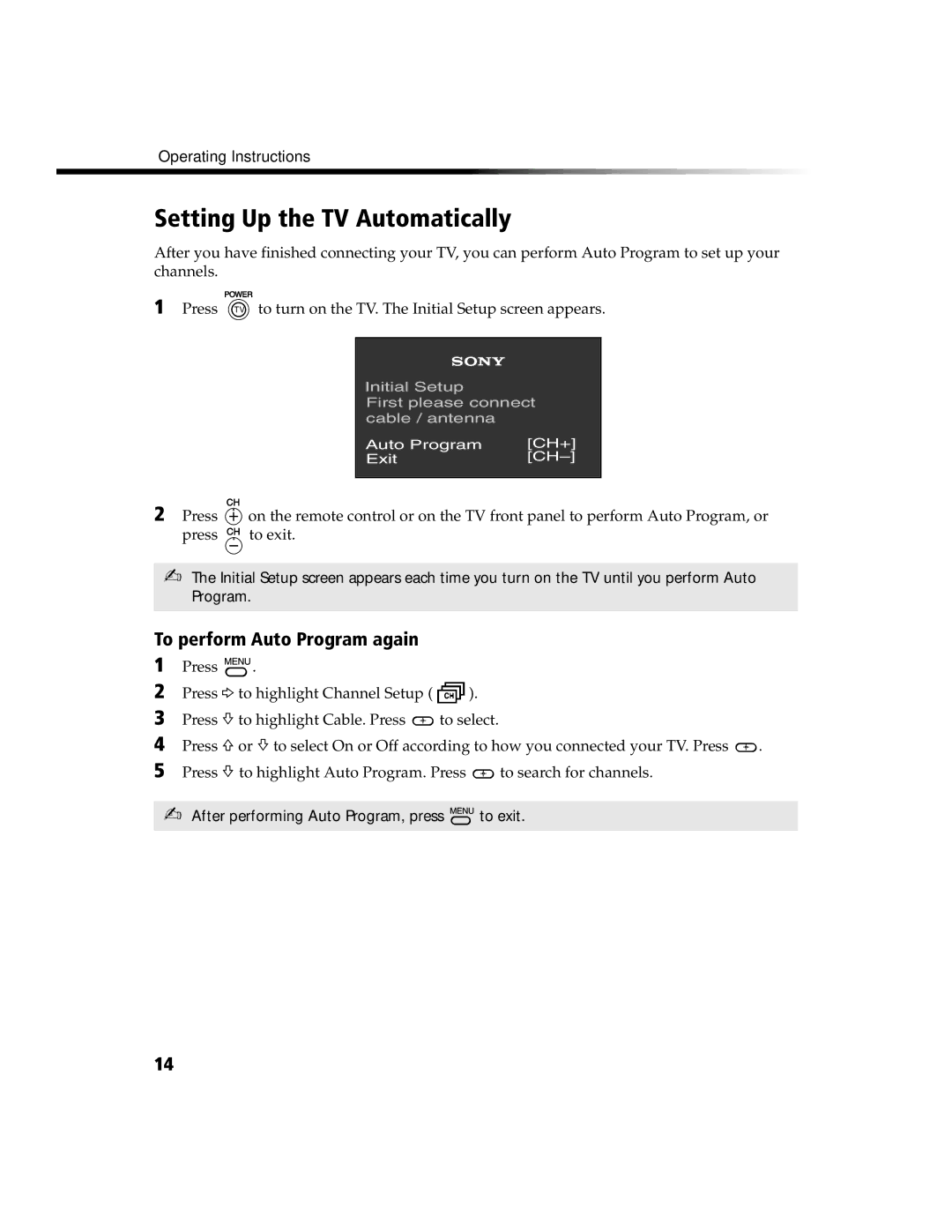 Sony KV 24FV300 manual Setting Up the TV Automatically, To perform Auto Program again 