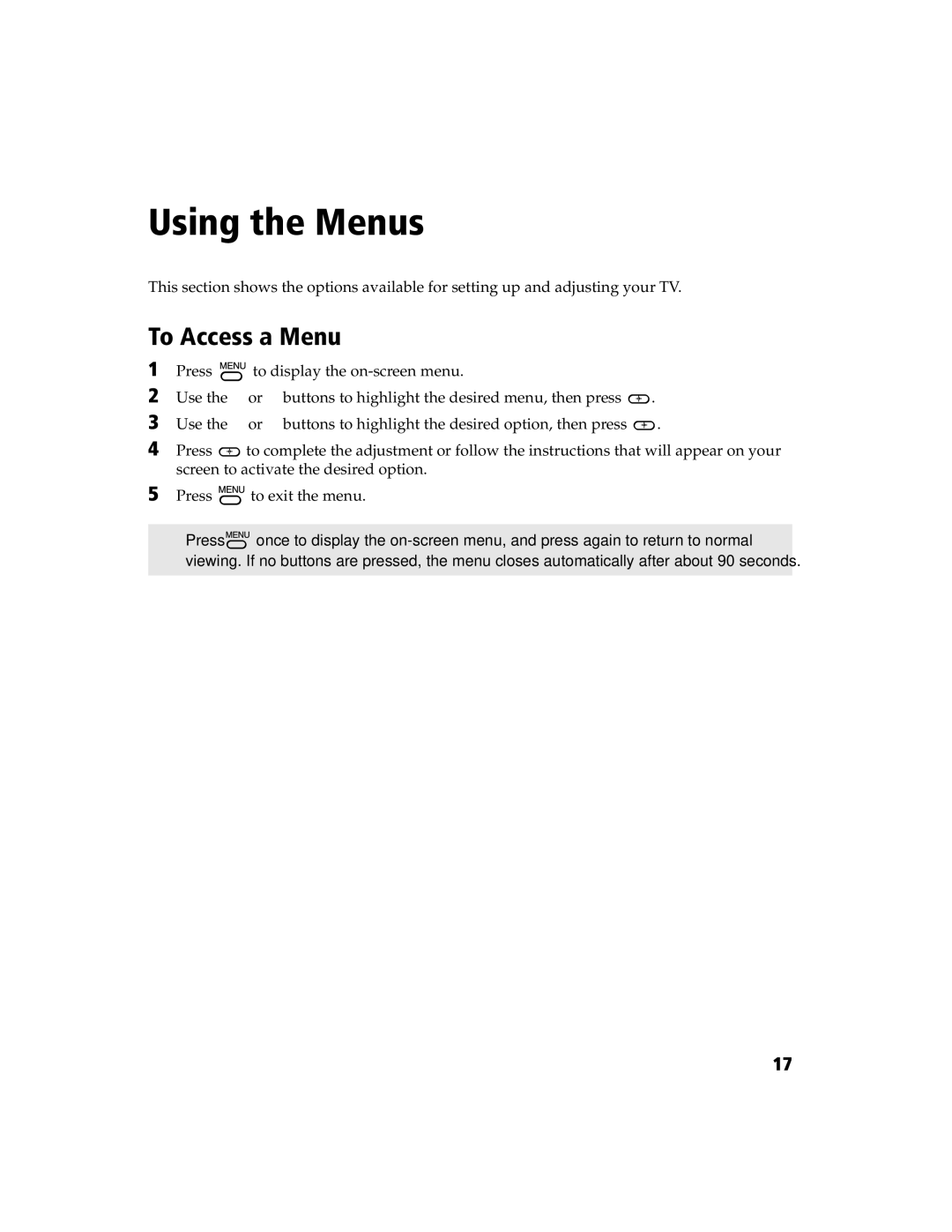 Sony KV 24FV300 manual Using the Menus, To Access a Menu 