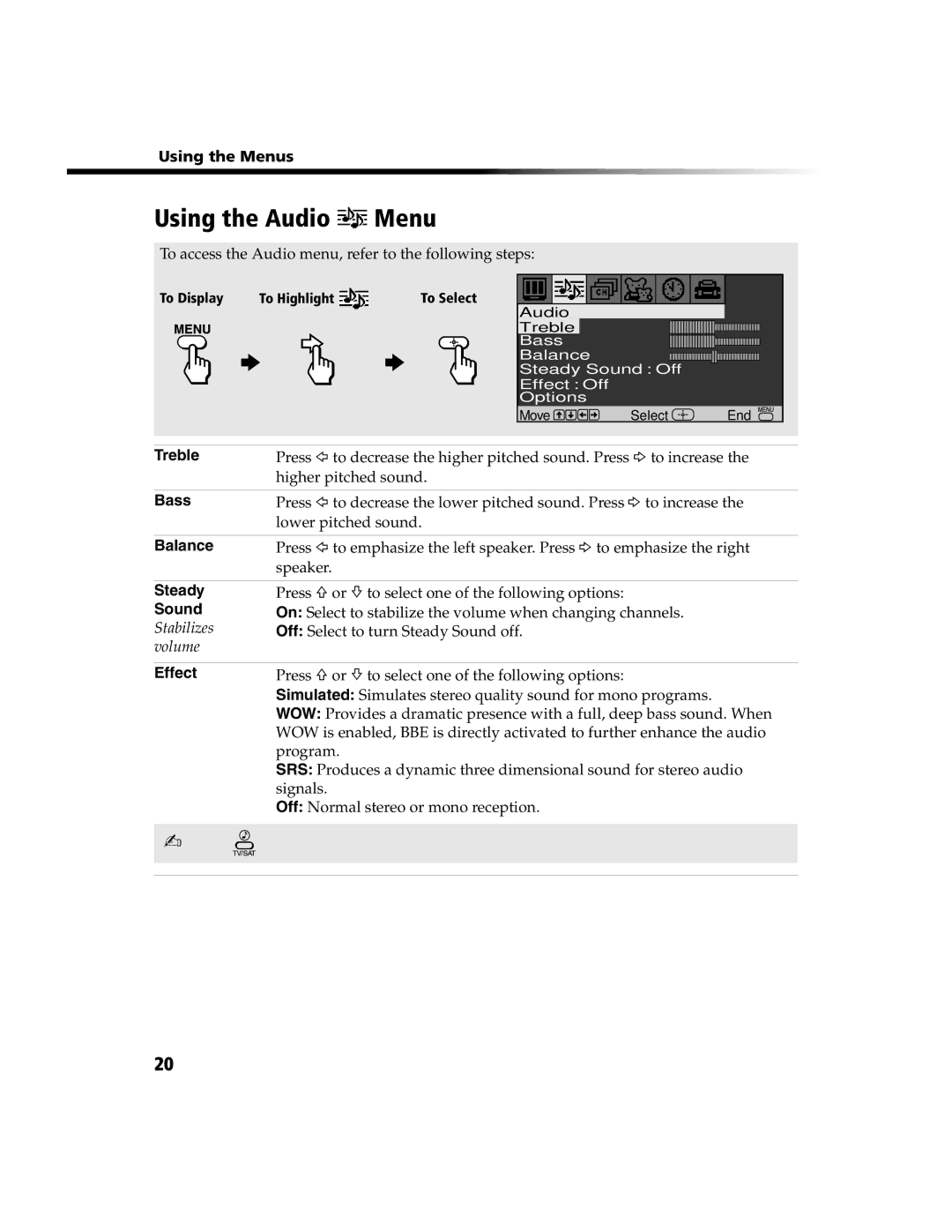 Sony KV 24FV300 manual Using the Audio Menu 